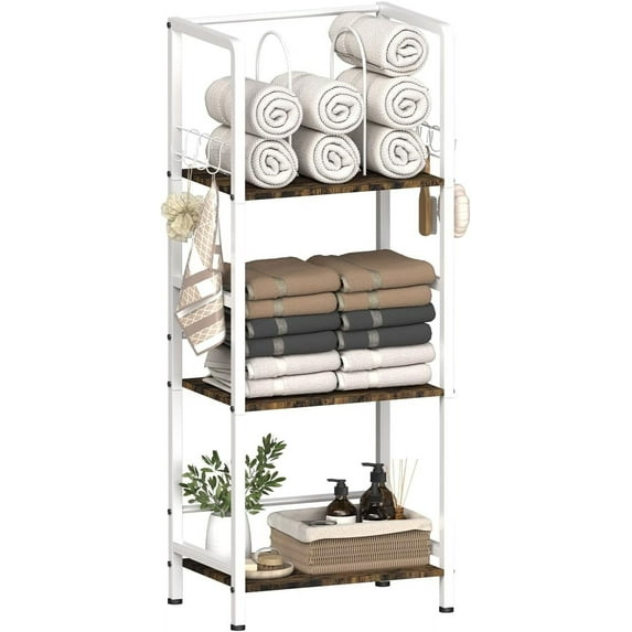 Free Standing Towel Racks for Bathroom with U-Shaped Detachable Dividers, 3-Tier Floor Towels Holder Stand with Shelf & 8 S-Hooks, Metal Pool Towel Storage Organizer for Home, Poolside, White