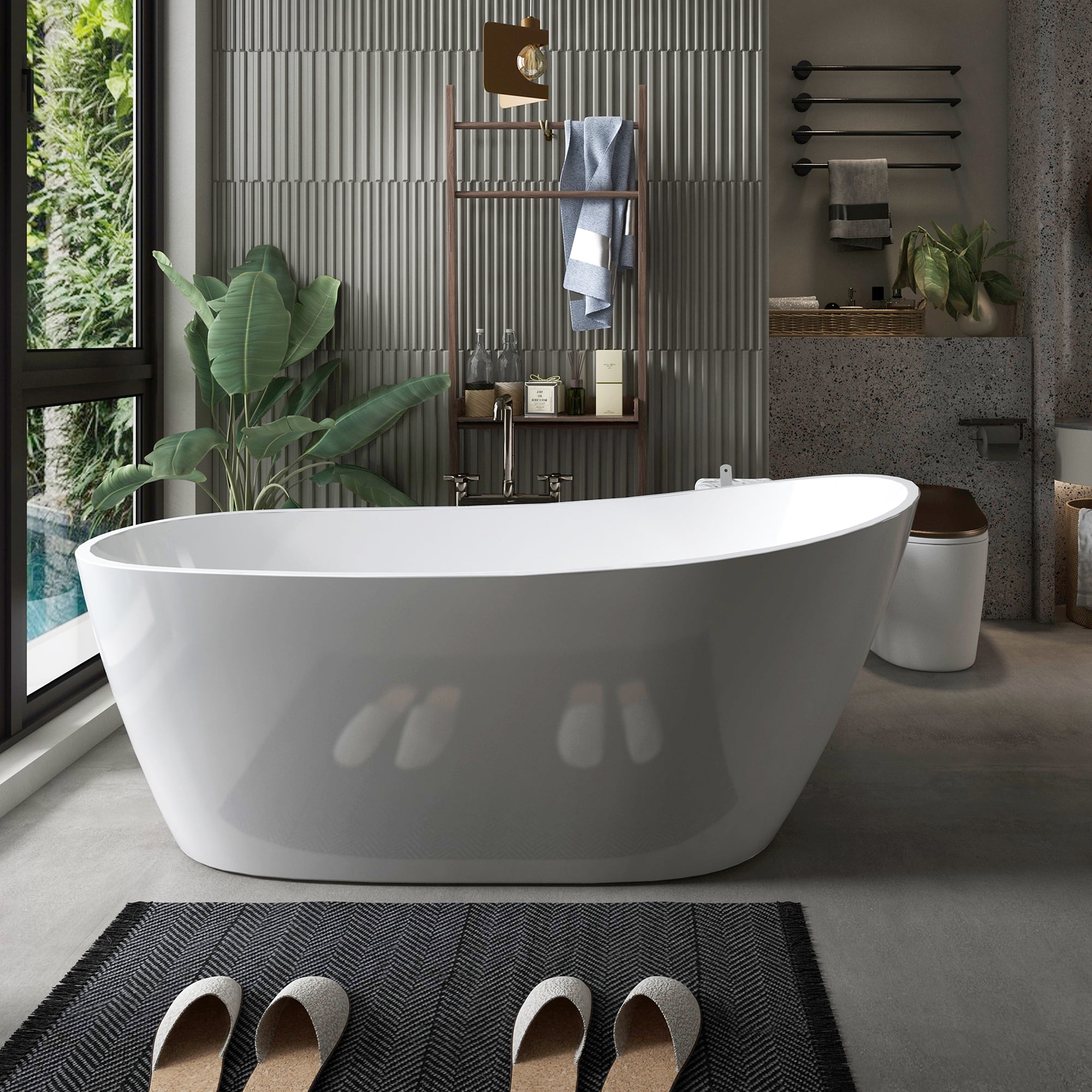 Glossy White Acrylic Freestanding Oval Deep Soaking Tub