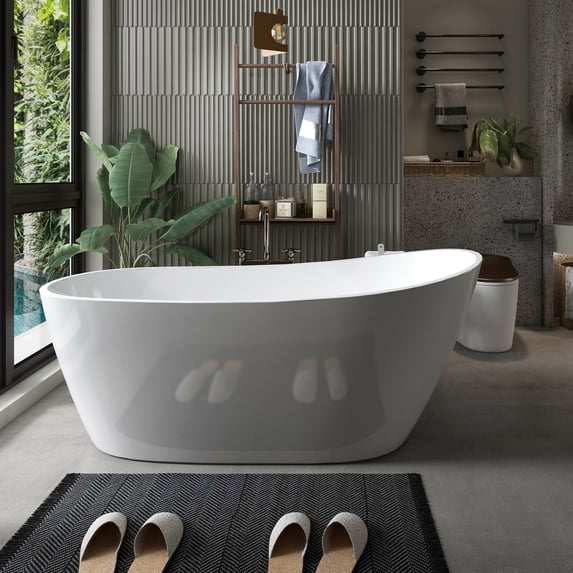 Free Standing Tub 59" Deep Soaking Bath Tub Contemporary Acrylic Freestanding Bathtub with Overflow and Pop-up Anti-blockage Drain A29 Stand Alone Bathtub Glossy White Soaker Tub Upgraded Stand