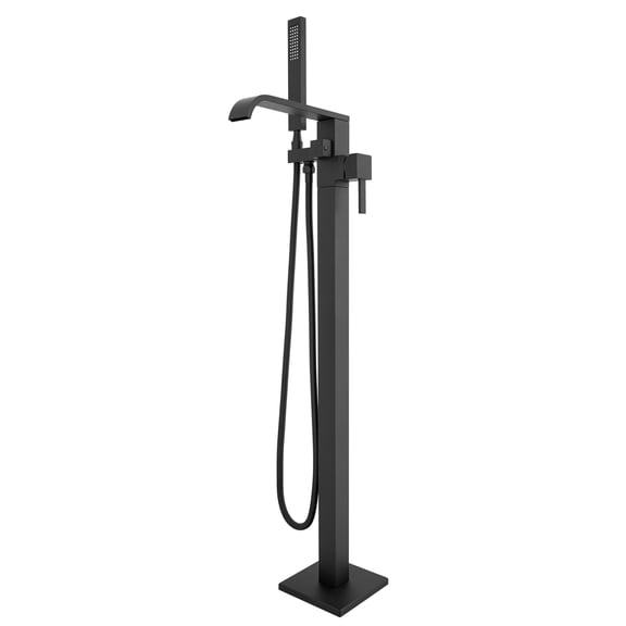 Free Standing Tub Faucet, High Flow Freestanding Bathtub Faucet with Waterfall Spout & Handheld Shower, 360°Swivel Tub Filler, Brass Body, Matte Black