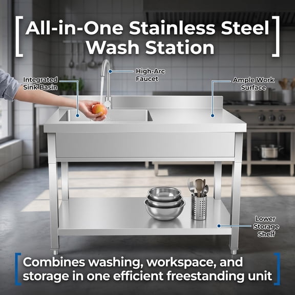 Free Standing Utility Sink  304 Stainless Steel Workbench Sink with Hot/Cold Faucet, 360 Swivel, Rear Splash Guard & Lower Shelf, for Garage, Laundry, Kitchen (4719.737 in)