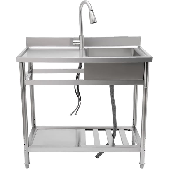 Free Standing Utility Sink Single Bowl Stainless Steel Countertop Sink Prep Utility Sink with Workbench Storage Shelve for Kitchen Restaurant Laundry Garage, 39.4*19.7*39inch (Right Sink)