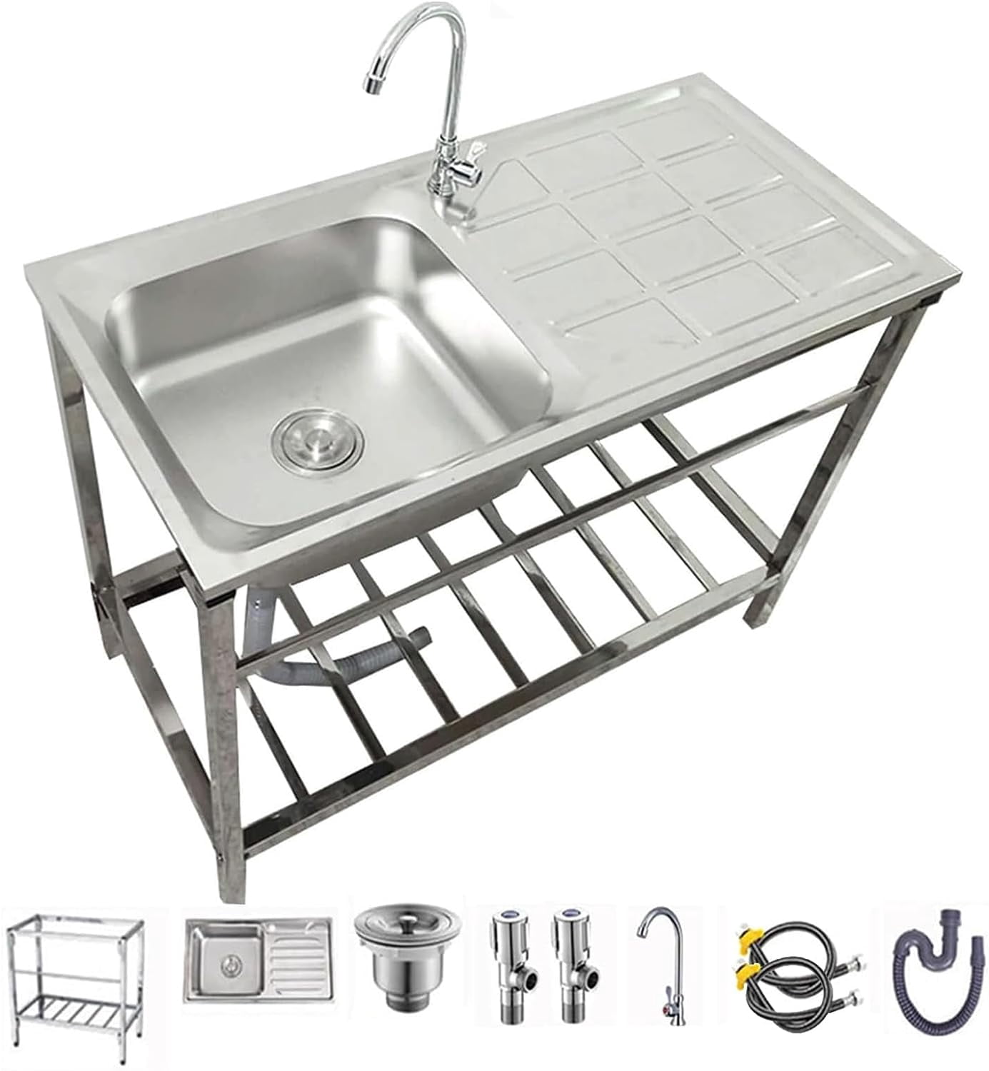 Free Standing Utility Sink Stainless Steel Outdoor Laundry Tub, Single Bowl Washing Hand Basin Station Sink, with Storage Shelves for Camping,Garage,Restaurant,Kitchen,Bar,Garage,Backyard Handwashing