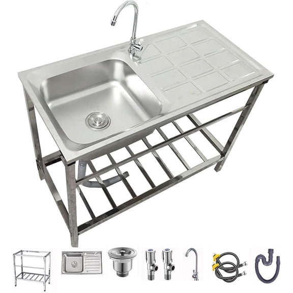 Free Standing Utility Sink Stainless Steel Outdoor Laundry Tub, Single Bowl Washing Hand Basin Station Sink, with Storage Shelves for Camping,Garage,Restaurant,Kitchen,Bar,Garage,Backyard Handwashing