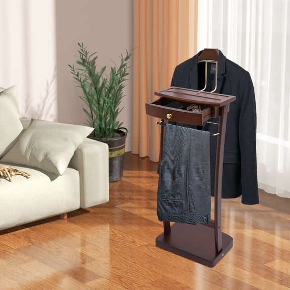 Free Standing Valet Stand Wood Clothes Valet w/Storage Drawer & Shoe Rack Base Multifunctional Clothes Rack for Bedroom Living Rooms Entryway (Walnut Color)