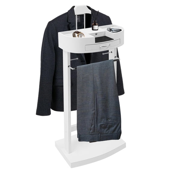 Free Standing Valet Stand Wood Clothes Valet w/Storage Drawer & Shoe Rack Base Multifunctional Clothes Rack for Bedroom Living Rooms Entryway (White)