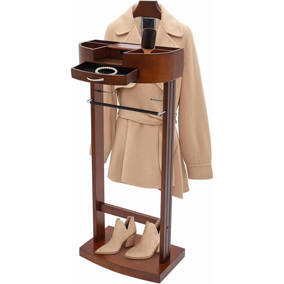 Free Standing Valet Stand for Man and Women, Wood Suit Rack w/Top Tray/Drawer/Tie Hooks/Shoe Rack, Valet Stand for Bedrooms, Living Rooms, Hallways