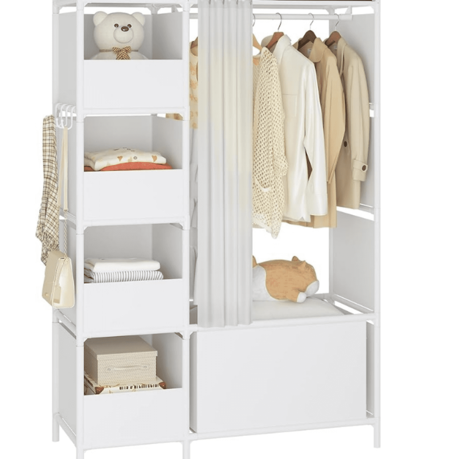 Free Standing Wardrobe Closet with Hanging Rod and Curtain，Clothes ...