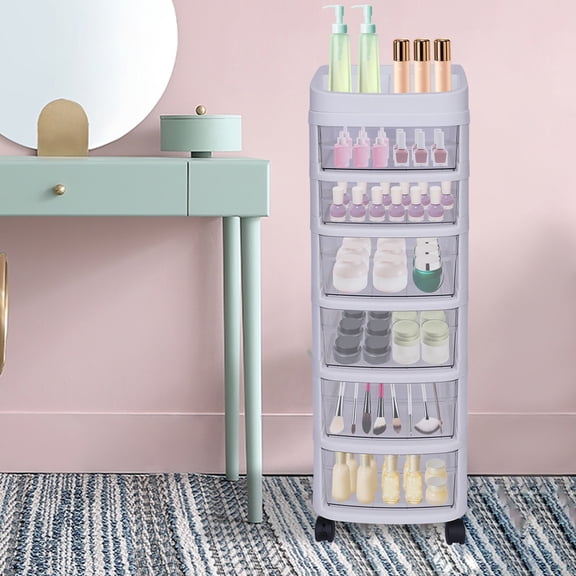 Free Standing White 6 Drawer Plastic Storage Rolling Cart Organizer Cabinet Trolley w/Wheels for Living Rooms