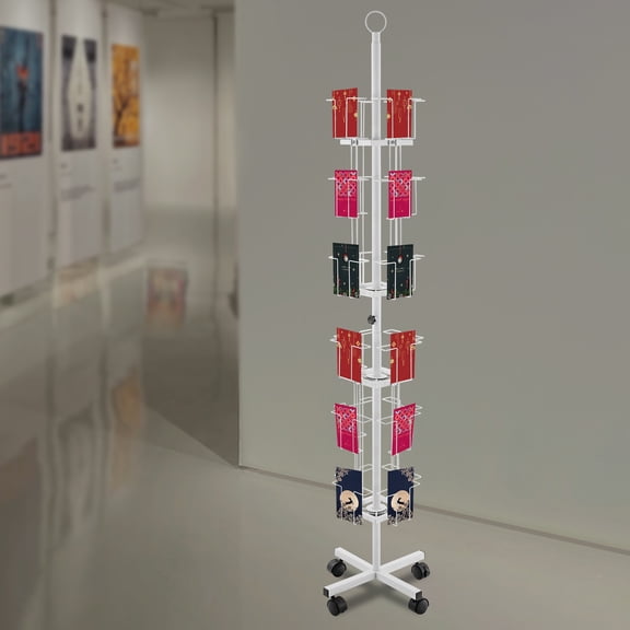 Free Standing White Greeting Cards Display Rack 24 Pocket Rotating Postcard Stand with 4 Wheel Brake