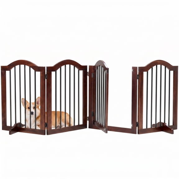 Free Standing Wooden Dog Gate with Door 4-Panel Foldable Pet Fence for House, Stairs & Doorways 30"H x 96"W, Brown