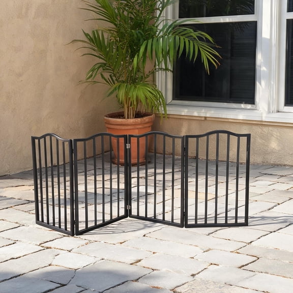 Free-Standing Wooden Pet Gate with Compact Fold, Rich Brown Solid Poplar, 73 Inches Wide, for Doorways and Stairs
