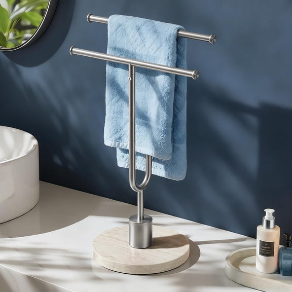 Free-Standing Y-Shaped Hand Towel Rack Brushed Silver Double Rod For Bathroom Kitchen