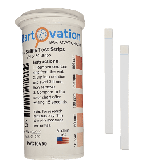 Free Sulfite Test Strips, 10-500 ppm [Vial of 50 Plastic Strips]