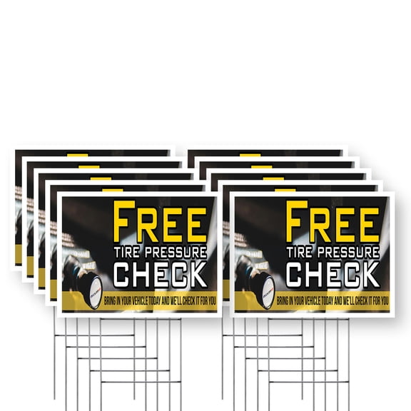 Free Tire Pressure Check Yard Sign 10 Pack of 12 Inch x 16 Inch Double Sided Weatherproof Heavy-Duty Plastic with Stake | Auto Shops, Safety Inspections, Customer Service | Made in USA