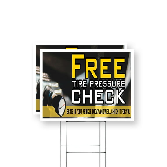 Free Tire Pressure Check Yard Sign 2 Pack of 12 Inch x 16 Inch Single Sided Weatherproof Heavy-Duty Plastic with Stake | Auto Shops, Safety Inspections, Customer Service | Made in USA