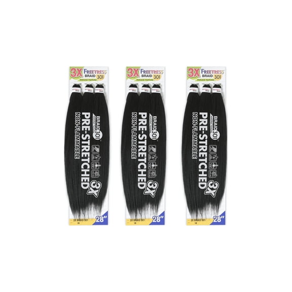 Free Tress Natural Texture Braids 3X Pre-Stretched Braid 301 - 56" 3PACKS -(Color# 1B)