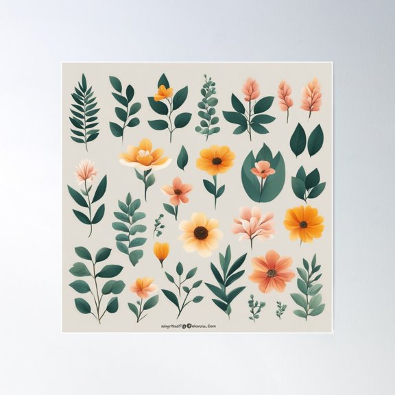 Free Vector Botanical Flower And Leaves Collection Poster Wall Art, Modern Wall Decor For Living Room Bedroom, 30x30 UNFRAMED