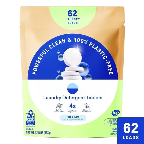 Free and Clear Laundry Detergent Tablets - 62ct: Resealable Bag, Dye-Free, Paraben-Free, Unscented
