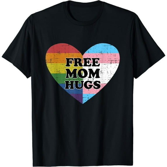 Free mom hugs with rainbow and transgender flag heart T-Shirt Black Medium