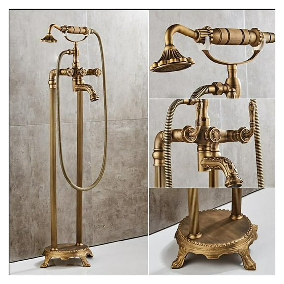 Free standing Carved Bathtub Faucet Tub Filler Fashion Antique Brass Floor Mount with Hand shower Bathtub Mixer Taps