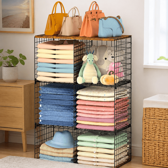 Free-standing Sturdy Tall 6-Cube Closet Organizer Storage Wire Basket Shelf with Wood Top for Wardrobe Bedroom Closet, Stackable Space-saving Clothing Shelves for Clothes, Sweaters, Pants, Handbags