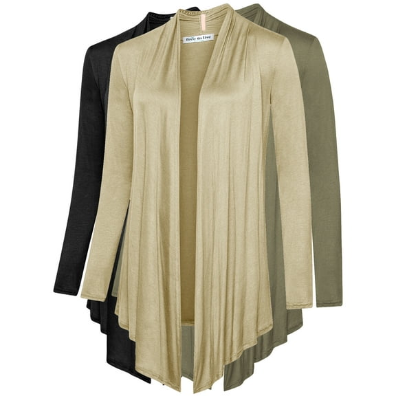 Free to Live 3 Pack Women's Long Sleeve Cardigans - Open Front Drape Lightweight Knit Sweater