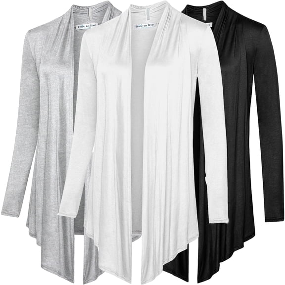 Free to Live 3 Pack Women's Long Sleeve Cardigans - Open Front Drape Lightweight Knit Sweater