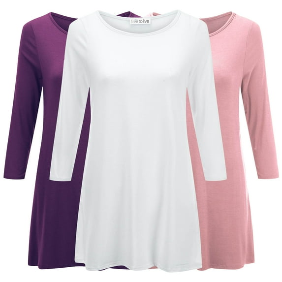 Free to Live 3 Pack Women's Loose Fit Long Elbow Sleeve Extra Long Jersey Tunics