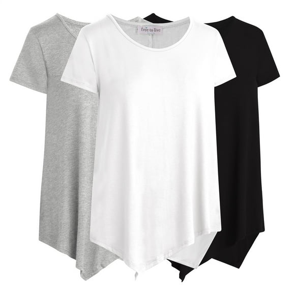 Free to Live 3 Pack Women's V-Neck Short Sleeve Swing Tops with Flowy Hem