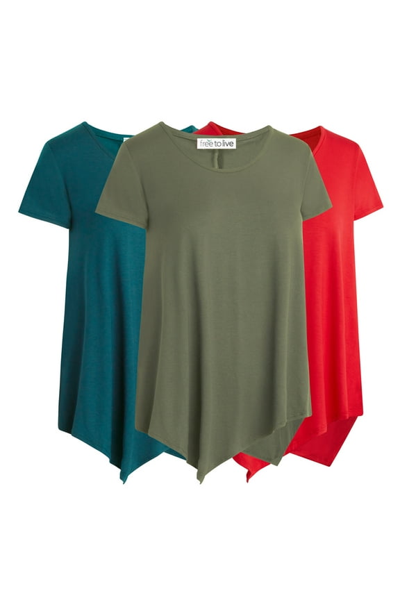 3 Pack Women's V-Neck Short Sleeve Swing Tops with Flowy Hem
