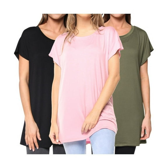 Free to Live 3 Pack Womens Long, Loose Fitting Tunic Tops with Short Kimono Sleeves