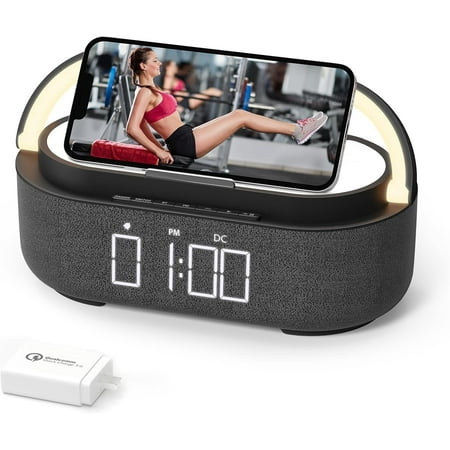 FreeFish Bluetooth Speaker Alarm Clock with Wireless Charger, LED Night Light, 2500mAh Battery - For Bedroom, Home + 18W Adapter Black
