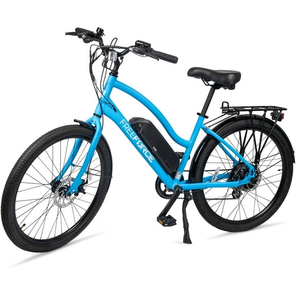FreeForce Avalon 16-in Electric Beach Cruiser Bike | Hybrid e-Bike for Adults,  Thumb Throttle and Pedal Assist | With Speed Sensor, Storage Rack, Bell, Water Bottle Bracket | Light Blue