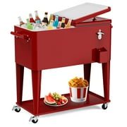FreeLung 80QT Rolling Cooler Cart with Wheels Ice Chest Outdoor Backyard Coolers on Wheels Red