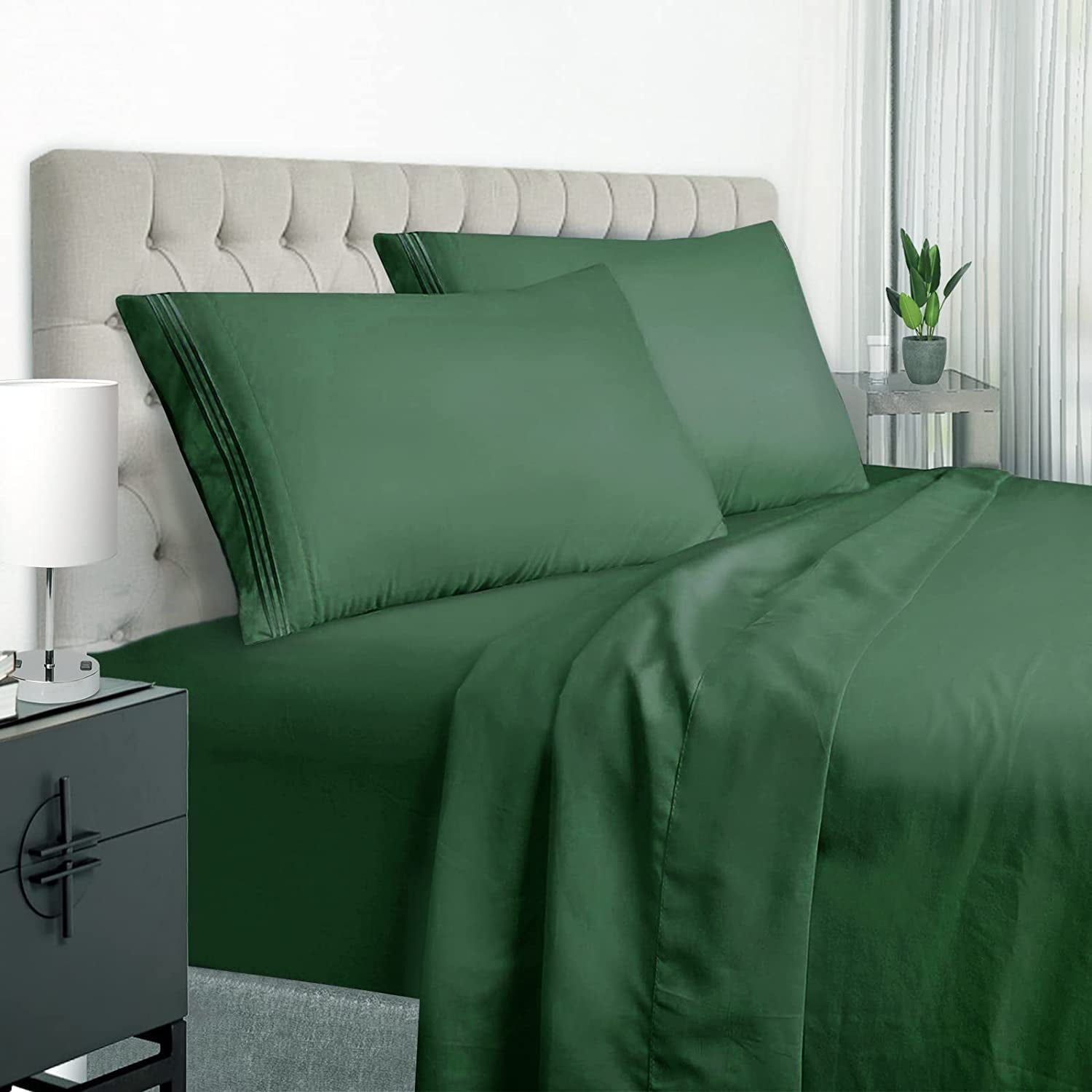 FreeLung Dark Green Queen Size Bed Sheets Set 1800 Thread Count Deep Pocket to 21 inches