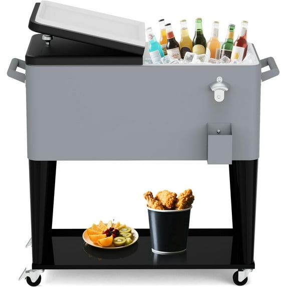 FreeLung Portable 80 Quart Outdoor Patio Cooler Cart with Wheels & Handles Bottle Opener & Collector & Storage Tray