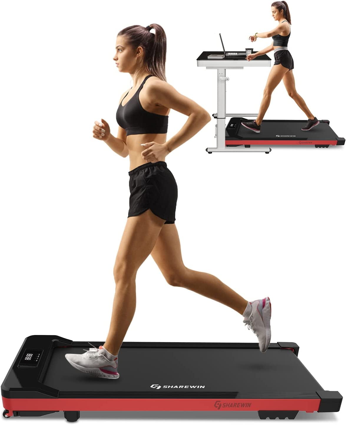 FreeLung Under Desk Treadmill Walking Pad Treadmill 300 lb Capacity Walking Exercise Machine with Remote Control and LED Display Red