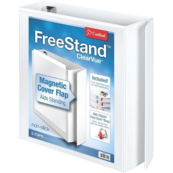 FreeStand Easy Open Binder, Locking Slant-D Rings, 2", 565-Sheet Capacity, Magnetic Flap Cover w/ Shelf Pull and 5 Color-Coded Rings, White (43120)
