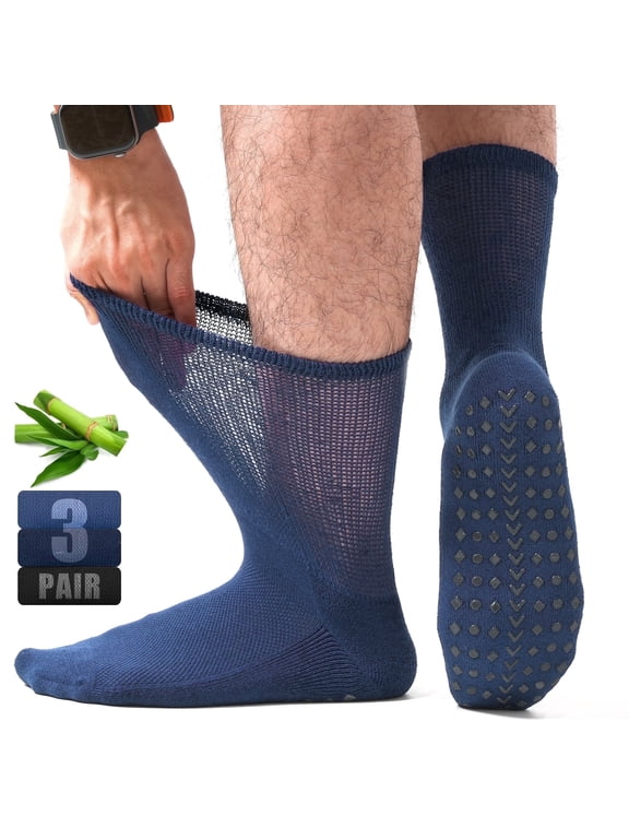 FreeYoka Men's Non-Binding Diabetic Socks, Breathable Mesh Crew Socks with Non-Slip Grips, 3 Pairs