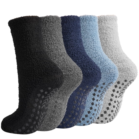 FreeYoka Men's Non Slip Fuzzy Socks, 5 Pairs Warm Cozy Grips House Sleeping Slipper Socks