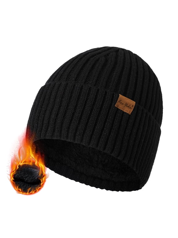 Men's Winter Beanie, Fleece Lined Knit Hat, Soft Warm Stretch Fit Cuffed Skull Cap
