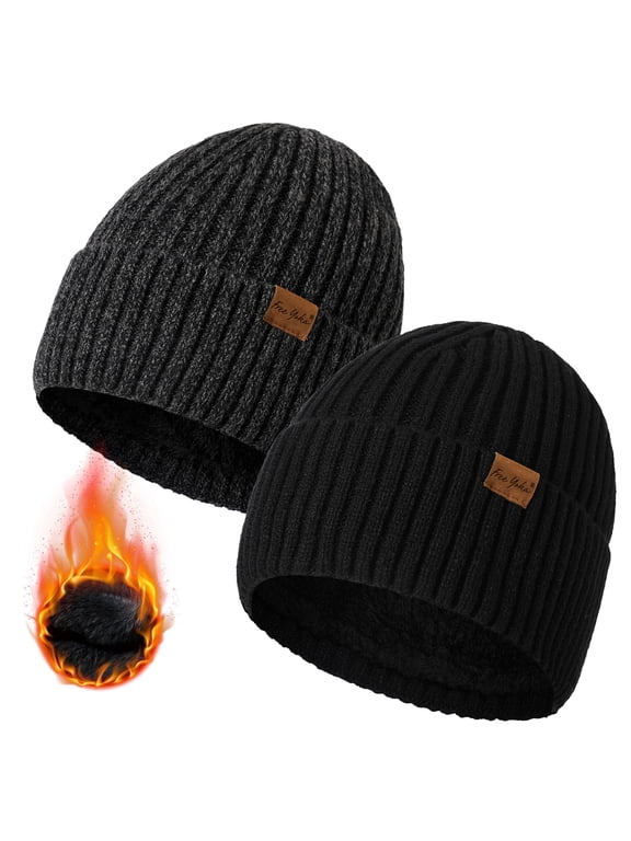 Men's Winter Beanie, Fleece Lined Knit Hat, Soft Warm Stretch Fit Cuffed Skull Cap 2-Pack
