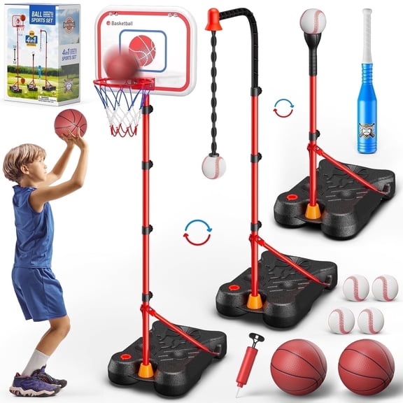 Freecat 4-in-1 Toddler Basketball Hoop& Baseball& T-Ball Set for Toddlers 3 4 5 6 7 8+ Years Old, Toddler Outdoor& Indoor Toys, Kids Sports Set Gift for 3-12 Years Old Boys, Birthday Christmas.