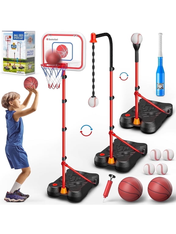 4-in-1 Toddler Basketball Hoop& Baseball& T-Ball Toys for Boy Ages 3 4 5 6 7 8+ Years Old, Toddler Outdoor Toys, Kids Sports Set Christmas Birthday Gift for 3-12 Years Old Boys.