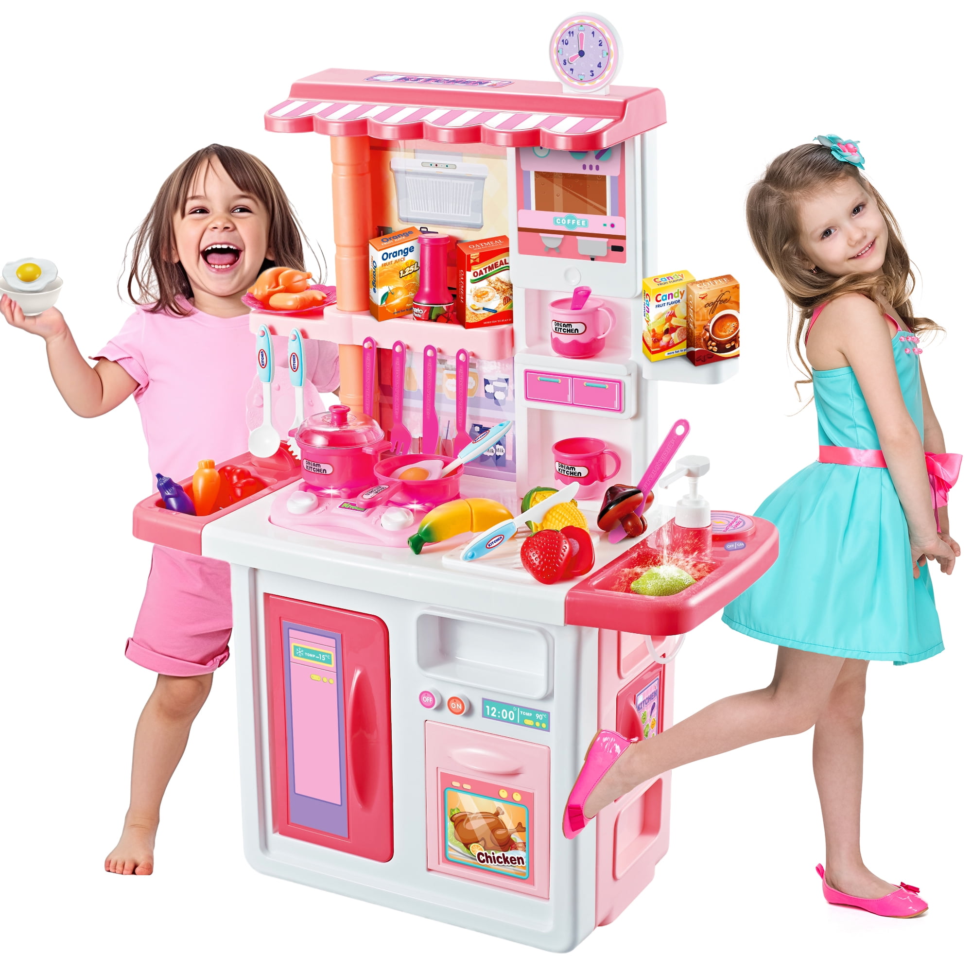 Freecat 34 inch Pink Play Kitchen Toy Set for Toddlers, Encourage