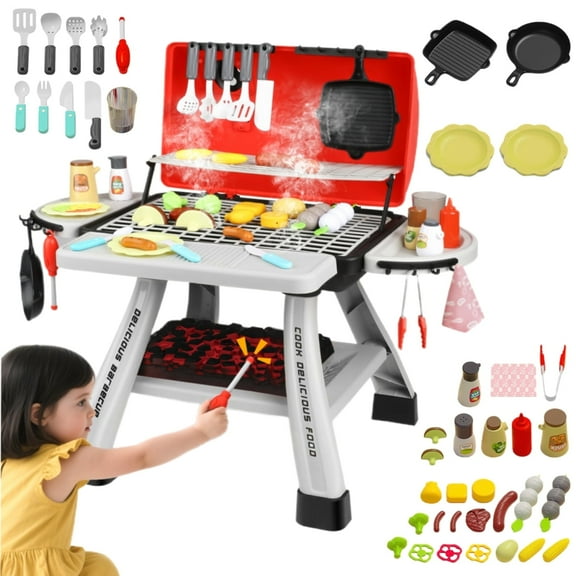 Freecat Kids BBQ Grill Set, Toddler Play Kitchen Toys for Ages 2 3 4 5 6, Toddler Outdoor Camping Cooking Set Toys, Play Food Christmas Birthday Gift.