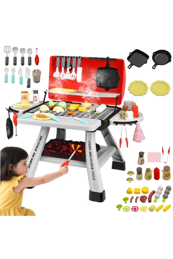 Kids BBQ Grill Set, Toddler Play Kitchen Toys for Ages 2 3 4 5 6, Toddler Outdoor Camping Cooking Set Toys, Play Food Christmas Birthday Gift.