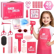 Freecat 49PCS Hair Salon Toys for Girls 3-6-8-12 Years, Pink Makeup Stylist Kit with Hair Dryer.
