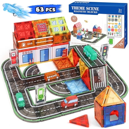 Freecat 63PCS Magnetic Tiles, Gas Stations Building Blocks Toys for Kids Ages 3-12 Years, STEM Educational Toys Christmas Birthday Gift for Kids Boys Girls.